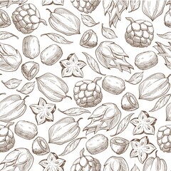 Exotic fruits, kiwi and carambola monochrome seamless pattern