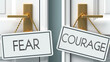 © GoodIdeas - Fear and courage as a choice - pictured as words Fear, courage on doors to show that Fear and courage are opposite options while making decision, 3d illustration