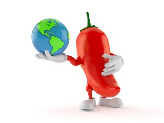 Wall Mural - Hot chili pepper character holding world globe