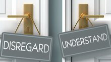 Understand Or Disregard As A Choice In Life - Pictured As Words Disregard, Understand On Doors To Show That Disregard And Understand Are Different Options To Choose From, 3d Illustration