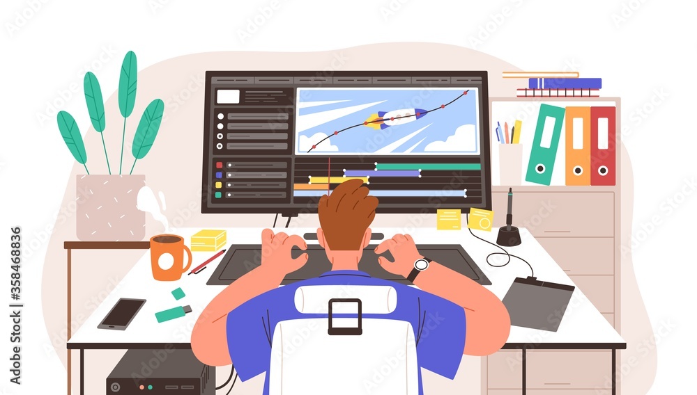 Guy animator at creation project process vector illustration. Male ...