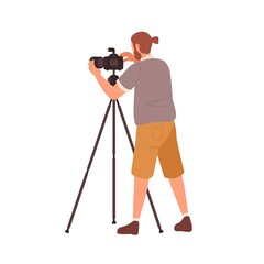 Hipster male photographer use tripod camera vector flat illustration. Guy photojournalist take photo or video isolated on white background. Creative man photographing with professional equipment