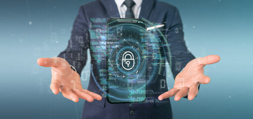 Wall Mural - Businessman holding Security data and smartphone security - 3d rendering