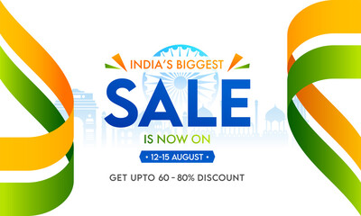 Wall Mural - UP TO 60-80% Off for India's Biggest Sale Banner Design with Wavy Indian Flag Ribbons, Ashoka Wheel and Famous Monuments.