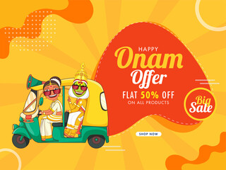 Wall Mural - Flat 50% Off for Happy Onam Big Sale Poster Design with Kathakali Dancer and Woman Driving Auto for Advertising Concept.