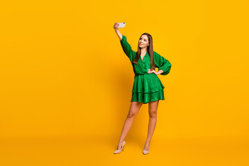 Sticker - Full length body size view of her she nice attractive lovely pretty luxury cheerful straight-haired girl taking making selfie isolated over bright vivid shine vibrant yellow color background