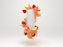 White Soda Can With Lemon And Strawberry Liquid Splash Mockup 3d Render