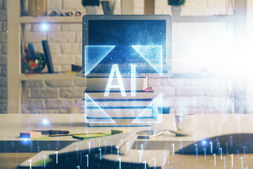 multi exposure of desktop computer and technology theme hologram. concept of software development.