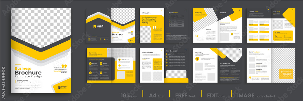 Corporate multipage brochure template layout design, 16 pages brochure, annual report, orange shape minimal multipage brochure layout. - obrazy, fototapety, plakaty 