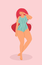 Happy Beautiful Plus Size Girl. Happy Body Positive Concept. Different Is Beautiful. An Overweight Attractive Woman. There Is No Fatophobia For Taking Fat.Vector Illustration Isolated On A Pink.retro