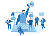 © Iryna - Referral, promotion person coming out of laptop with people around it. Vector illustration for web banner, infographics, mobile. Marketing consumer audience communication service . advertising.