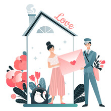 Character Lover Female Get Letter From Mail Postman, Delivery Postal Correspondence Isolated On White, Flat Vector Illustration. Lovely House With Plant, Woman Receive Love Letter Message.