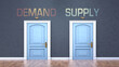 © GoodIdeas - Demand and supply as a choice - pictured as words Demand, supply on doors to show that Demand and supply are opposite options while making decision, 3d illustration