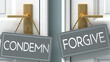 forgive or condemn as a choice in life - pictured as words condemn, forgive on doors to show that condemn and forgive are different options to choose from, 3d illustration