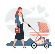 Young character mother walking baby stroller natural ecology clean outdoor park isolated on white, flat vector illustration. Woman mom stroll with little infant, female carry hand bag.