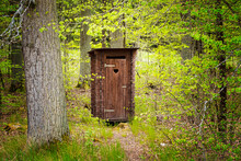 Beautiful Wooden Professionally Repaired Outhouse In A Green Forest Serves As A Toilet In Nature