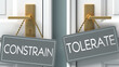 tolerate or constrain as a choice in life - pictured as words constrain, tolerate on doors to show that constrain and tolerate are different options to choose from, 3d illustration