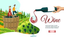 Wine Making Web Banner Vector Illustration. Wine Makers Peasants Harvesting On Vineyard, Crushing And Pressing Grapes In Wooden Barrel On Vineyard Landscape. Winery Alcohol Production, Agriculture.