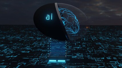 3D render animation of AI Artificial intelligence brain, deep learning computer machine