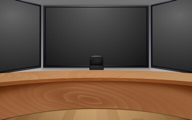 Wall Mural - wooden table and lcds background in the news studio room	