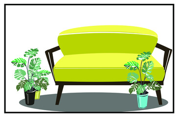 A velvet bright classic sofa and a large monstera flower nearby in a vase. Beautiful isolated armchair. Tropical flower isolated. Can be split and scaled.