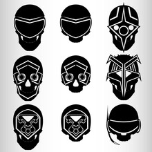 A Set Of Nine Skulls In The Style Of Cyberpunk. Set For Emblems Or Tattoos, Cyborg Skull. Nine Emblems In The Style Of Cyberpunk, Skulls With Implants.