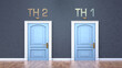 © GoodIdeas - Th 2 and th 1 as a choice - pictured as words Th 2, th 1 on doors to show that Th 2 and th 1 are opposite options while making decision, 3d illustration