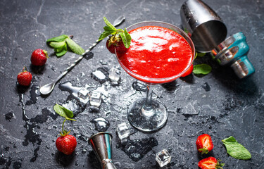 Wall Mural - Homemade Red Frozen Strawberry Margarita in a Glass