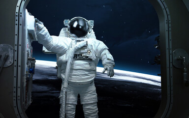 Wall Mural - astronaut and space station. science 3d illustration of space. elements furnished by nasa