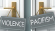 pacifism or violence as a choice in life - pictured as words violence, pacifism on doors to show that violence and pacifism are different options to choose from, 3d illustration