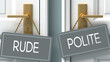 polite or rude as a choice in life - pictured as words rude, polite on doors to show that rude and polite are different options to choose from, 3d illustration