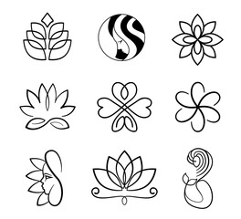 Wall Mural -  lily, lotus, mermaid, woman face and flowers black outline logo set for spa ad beauty saloon, spa logo collection isolated on white background