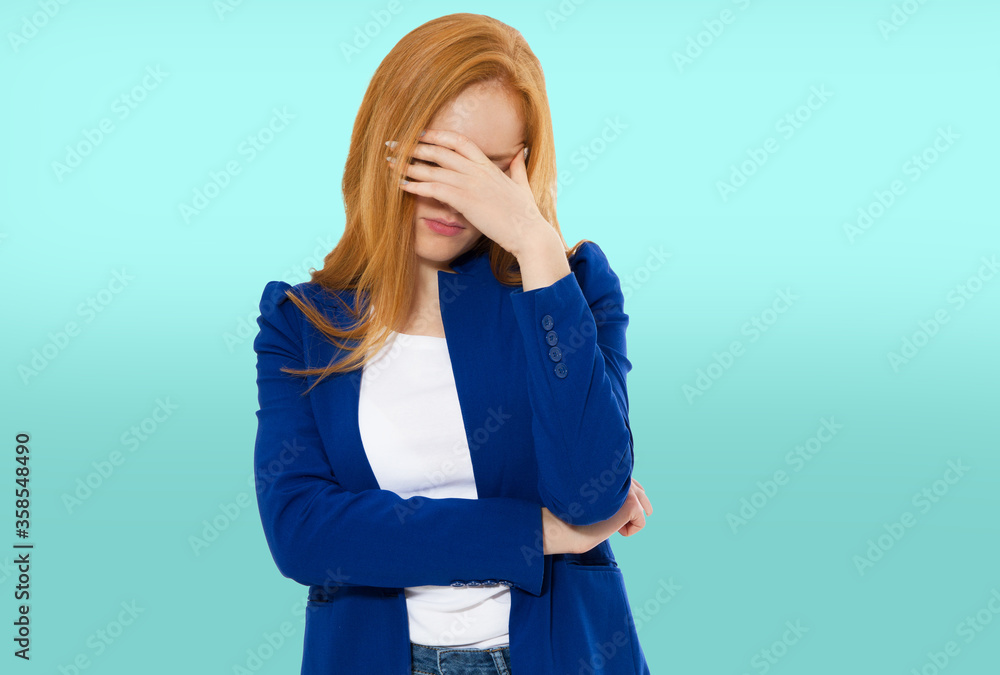 Woman do face palm, girl make facepalm, female migraine, head pain, bad  feeling, tired woman - blue background Stock Photo | Adobe Stock