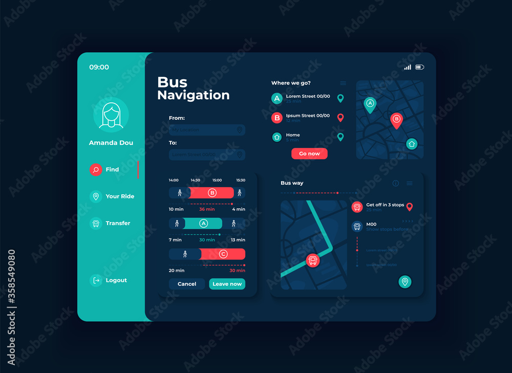 Passenger transport navigation tablet interface vector template. Mobile ...