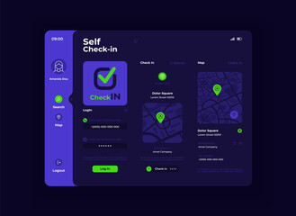 Social check in tablet interface vector template. Mobile app page night mode design layout. User profile menu screen. Flat UI for application. GPS maps with locations tags on portable device display