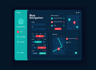 Passenger transport navigation tablet interface vector template. Mobile app page night mode design layout. User profile menu screen. Flat UI for application. Bus routes on portable device display