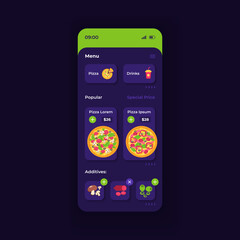 Wall Mural - Fast food delivery app smartphone interface vector template. Mobile app page night theme design layout. Order constructor menu screen. Flat UI for application. Italian pizza on phone display