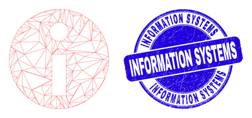 Sticker - Web mesh information pictogram and Information Systems stamp. Blue vector round grunge seal stamp with Information Systems title.