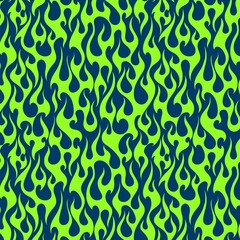 Wall Mural - Vivid green fire flames on a dark blue background, old school seamless vector pattern