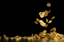 Gold Coin Drop On Black Background Copy Space .3D Rendering.