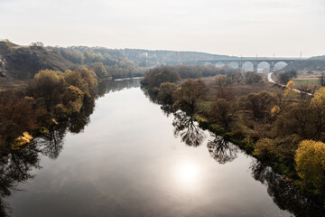 water in river near trees in green forest near bridge