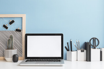 Wall Mural - Stylish workspace, computer mockup and black and white accessories. Home office interior