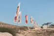 Flags with the names of all the tribes of Israe lon the archaeological excavations of the Ancient Shiloh archaeological site in Samaria region in Benjamin district, Israel