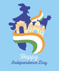 Canvas Print - happy independence day india, map flag and monuments famous