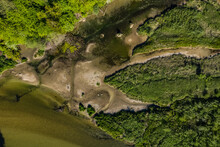Ecological Impact Of Flod In Isar River South Germany Aerial View Of Landscape At The River