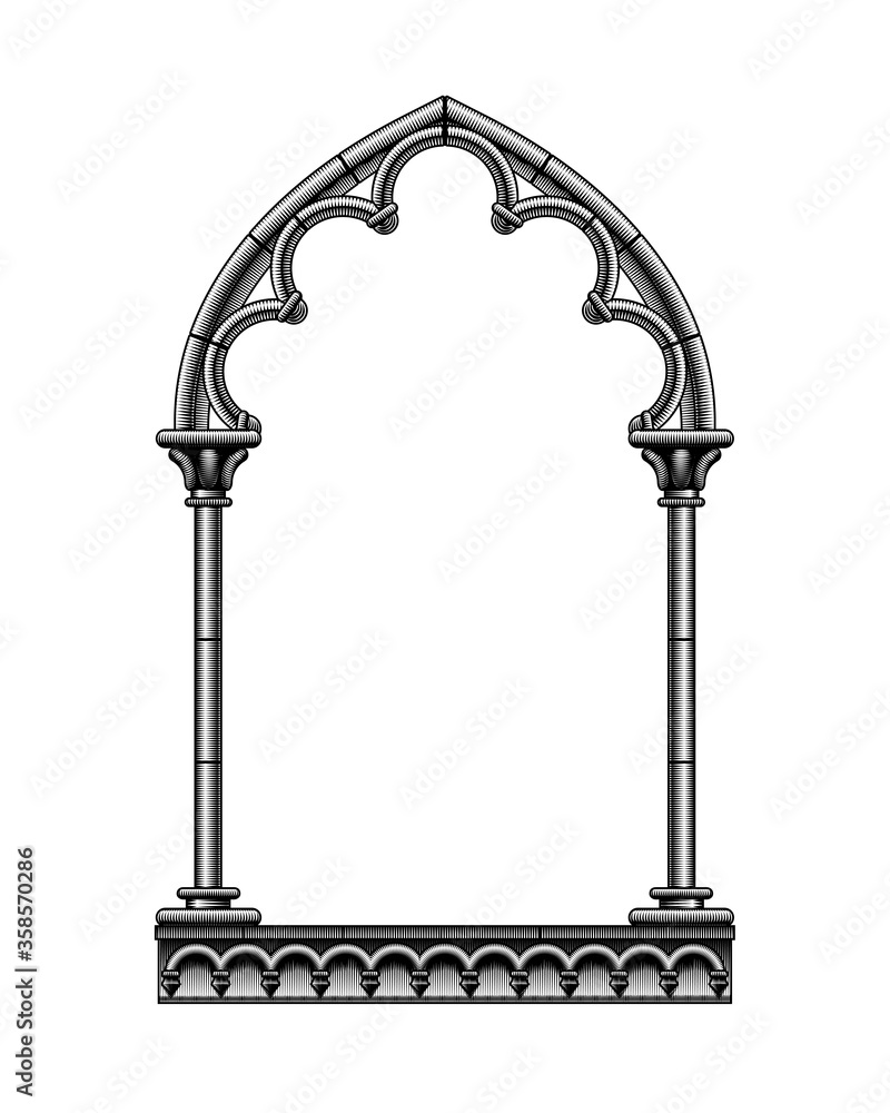 Engraved drawing of a black classic gothic architectural decorative ...