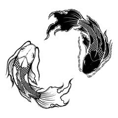 Wall Mural - Hand drawn outline Koi fish vector illustration, tattoo design, japan style, line art ink work, animal wildlife. black and white.