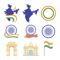 Canvas Print - happy independence day india, map flag landmark famous monuments wheel icons set