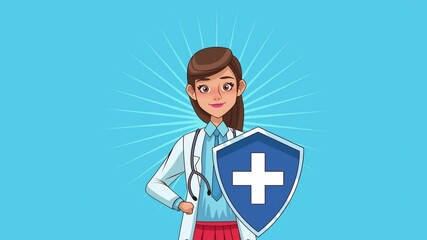 Poster - female doctor professional with shield character animation