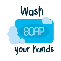 Sticker - wash your hands lettering design with soap bar icon